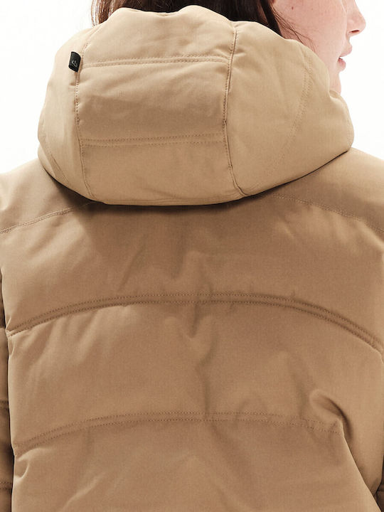 Women's Short Puffer Jacket Waterproof and Windproof for Winter with Hood Beige