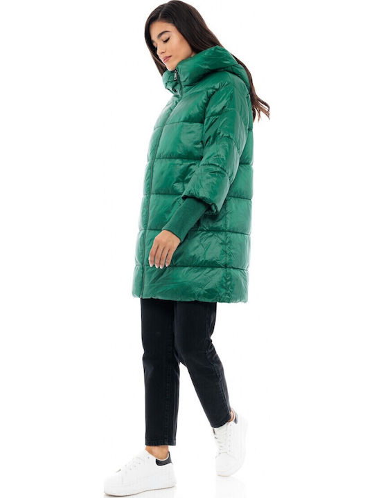 Women's Long Puffer Jacket for Winter with Hood Green