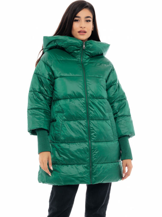 Women's Long Puffer Jacket for Winter with Hood Green