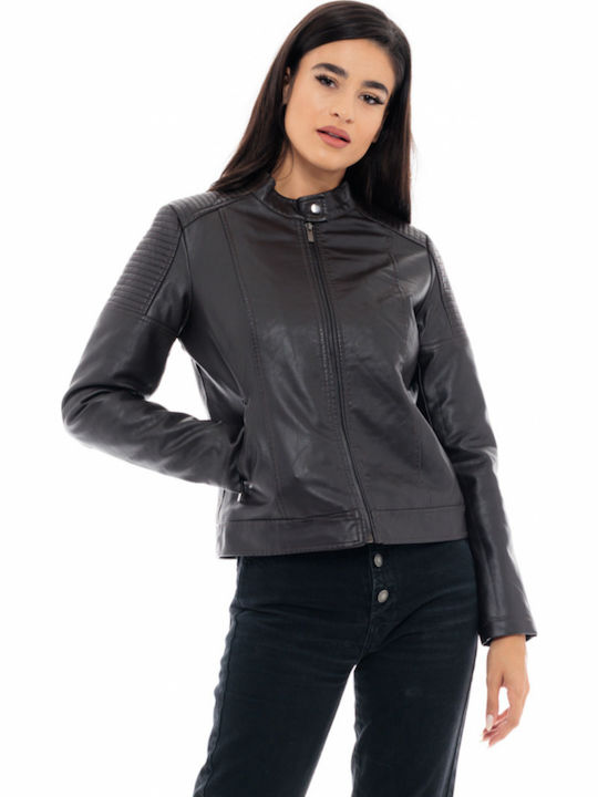 Women's Short Biker Artificial Leather Jacket for Winter Brown