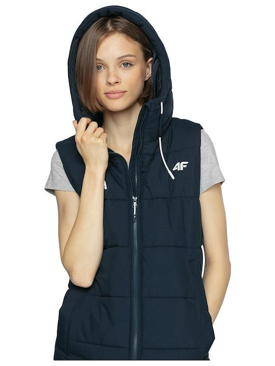 4F Women's Long Puffer Jacket for Winter with Hood Navy Blue