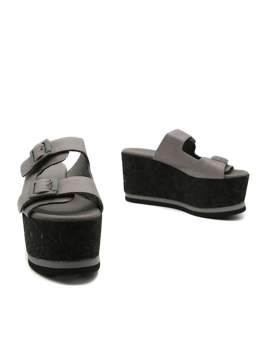 Women's Leather Platform Wedge Sandals Gray