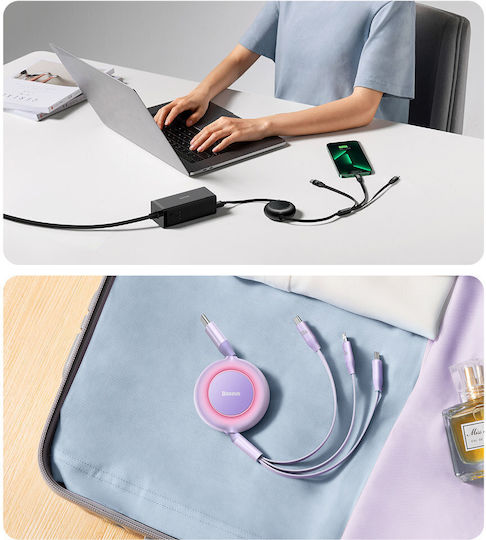 Baseus Bright Mirror 2 Retractable USB to Type-C / Lightning / micro USB Cable Μωβ 1.1m (CAMJ010205)