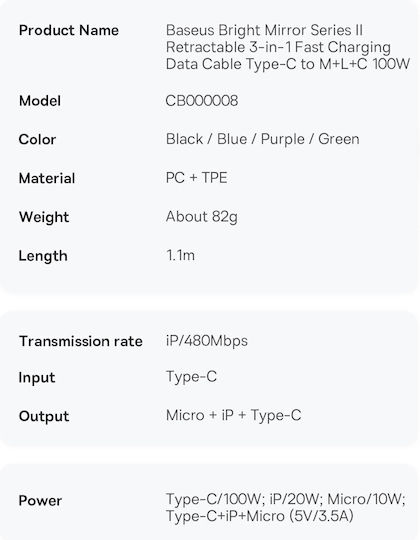 Baseus Bright Mirror 2 Retractable USB to Type-C / Lightning / micro USB Cable Μωβ 1.1m (CAMJ010205)