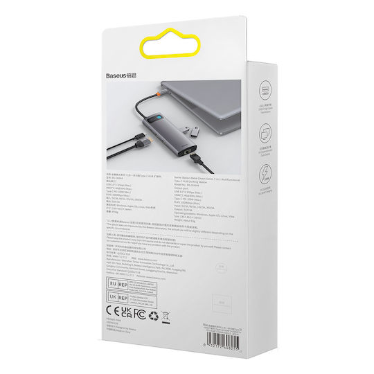 Baseus Metal Gleam 7 in 1 USB-C Docking Station με HDMI 4K PD Ethernet Ασημί