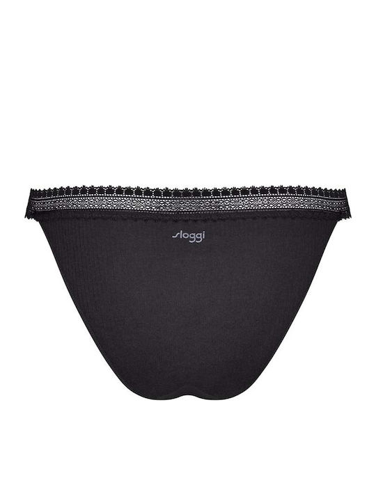 Go Ribbed H Tanga Βαμβακερά Femei Slip 2Pack cu Dantelă Negru/gri
