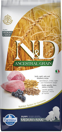 Farmina N&D Ancestral Grain Puppy Medium & Maxi 12kg Dry Food Gluten-Free, with Few Grains for Medium & Large Breed Puppies with Lamb