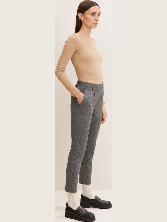 Women's High-waisted Fabric Capri Trousers Loose Fit Checked Gray