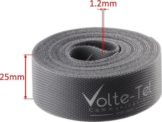 Volte-Tel Cable Management Самозалепваща Лента с кука и примка Сив 25ммx10м 1бр