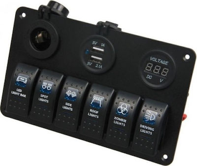 Kewig SP10 Boat Switch with Panels Πάνελ με 6 Αδιάβροχους Διακόπτες, Αναπτήρα, 2 X USB και Βολτόμετρο