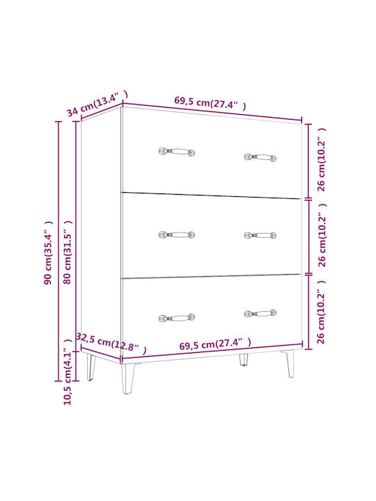 Wooden Chest of Drawers with 3 Drawers Smoked Oak 69.5x34x90cm
