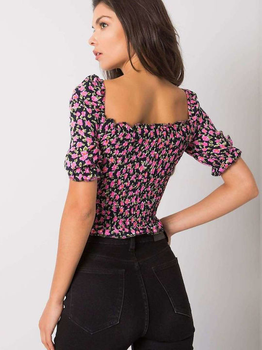 Rue Paris pentru Femei de Vară Crop Top din Bumbac cu Mânecă 3/4 & Decolteu în V Floral Black Multicoloured