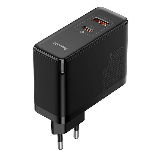 Baseus Încărcător GaN cu Port USB-A și Port USB-C și Cablu USB-C 100W Livrarea energiei / Quick Charge 4+ Negruς (Gan5)