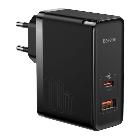 Baseus Încărcător GaN cu Port USB-A și Port USB-C și Cablu USB-C 100W Livrarea energiei / Quick Charge 4+ Negruς (Gan5)