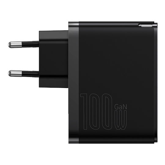 Baseus Încărcător GaN cu Port USB-A și Port USB-C și Cablu USB-C 100W Livrarea energiei / Quick Charge 4+ Negruς (Gan5)
