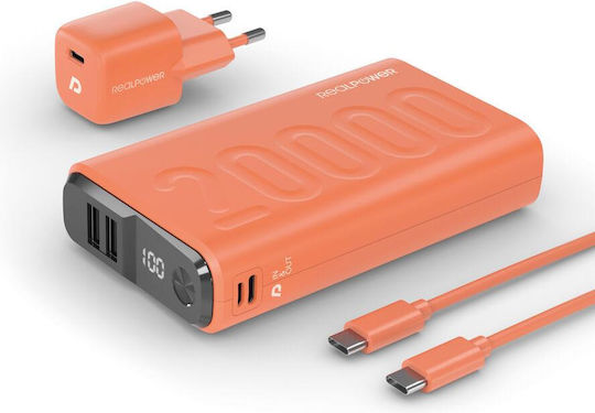 RealPower PB-20000PD+ Външна батерия 20000mAh с 2 USB-A порта и USB-C порт с технология Power Delivery в оранжев цвят