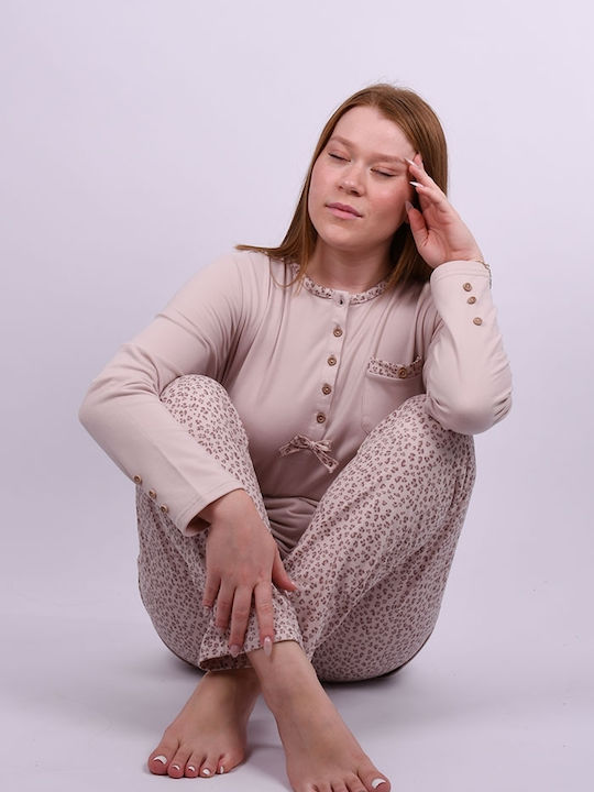 Set of women's animal print pajamas with buttons Beige