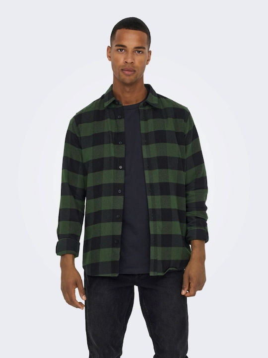 Only & Sons Men's Shirt Long Sleeve Cotton Checked Forest Night