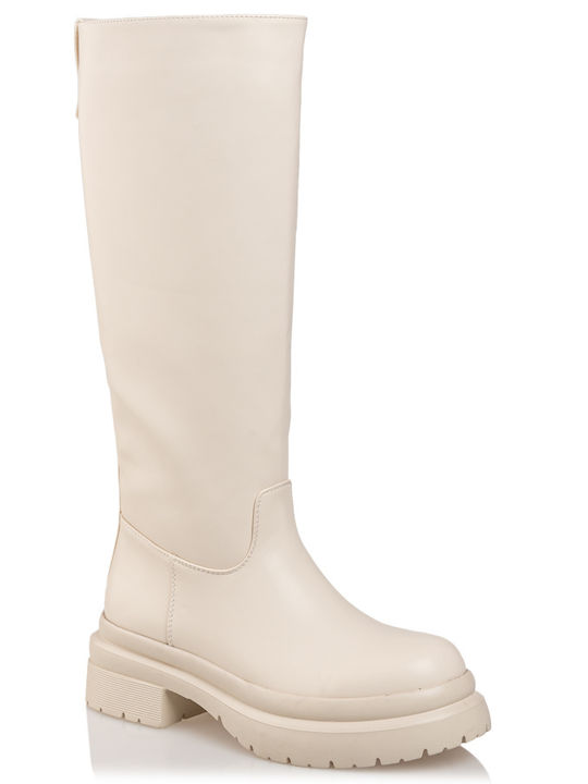 Synthetic Leather Women's Boots with Rubber Beige