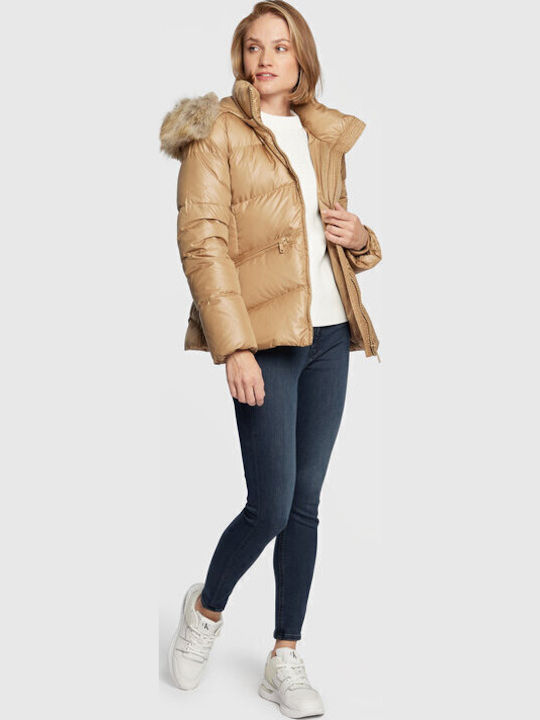 Kurz Damen Puffer Jacke mit pelziger Kapuze für Winter Safari Canvas