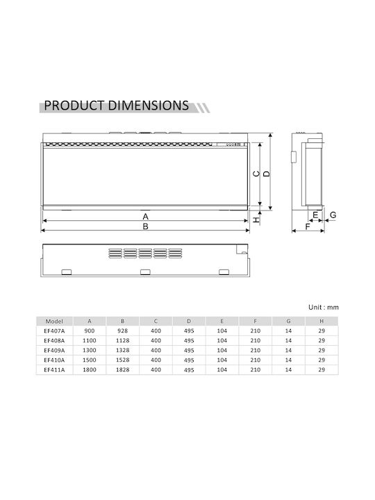 Richen 3D Insert 183 Επιτοίχιο Ηλεκτρικό Τζάκι 2000W 182.8x49.5cm Μαύρο