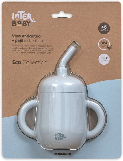 Interbaby Baby Cup with Handles and Straw made of Silicone Light Blue 175ml for 6m+m+