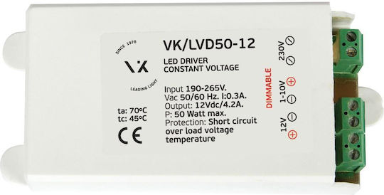 VK Lighting Dimmable LED Power Supply IP54 Power 50W with Output Voltage 12V