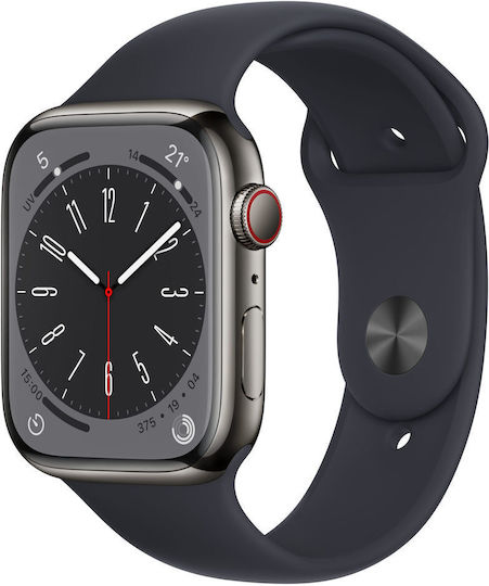 Apple Watch Series 8 Cellular Stainless Steel 45mm Waterproof with eSIM and Heart Rate Monitor (Graphite with Midnight Sport Band)