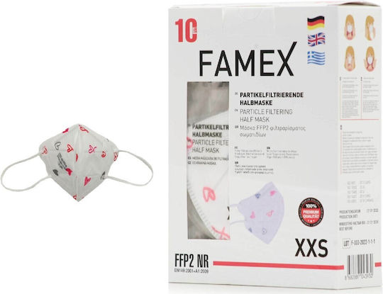 Famex Μάσκα Προστασίας FFP2 NR XXS για Παιδιά σε Λευκό χρώμα με Pink Hearts 10τμχ