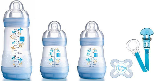 Mam Set aus Plastikflaschen Welcome To The World Gift Set Gegen Koliken mit Silikonsauger für 0+, 0+ m, Monate Light Blue Herz - Hellblau 260ml 5Stück