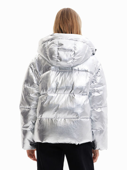 Desigual Jiman Women's Short Puffer Jacket for Winter with Hood Silver