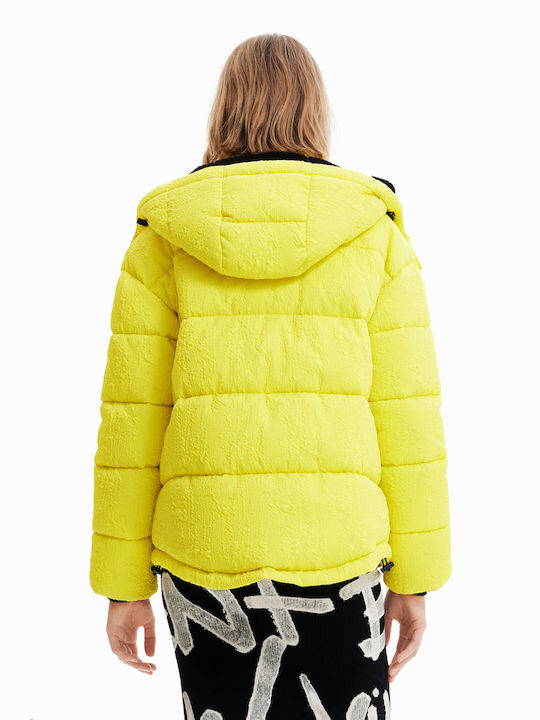 Desigual Women's Short Puffer Jacket for Winter with Hood Yellow