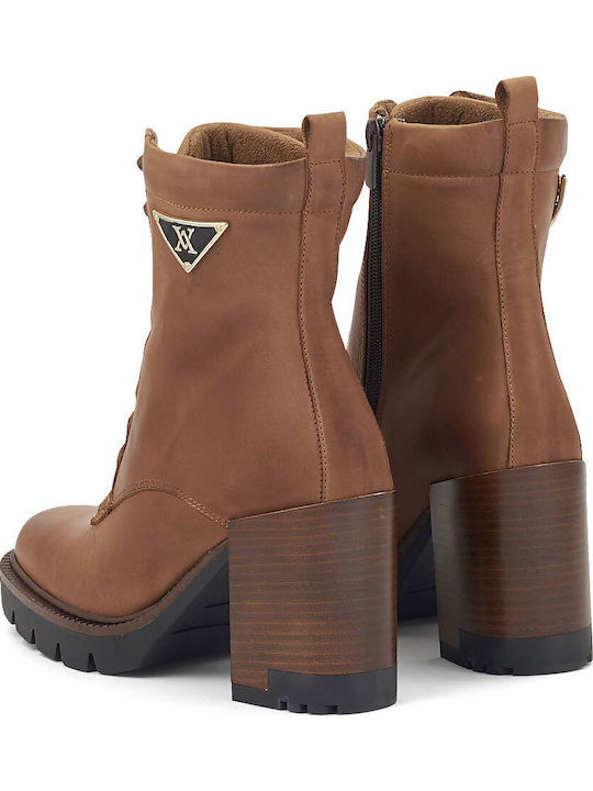 Leather Women's Ankle Boots with High Heel Tabac Brown