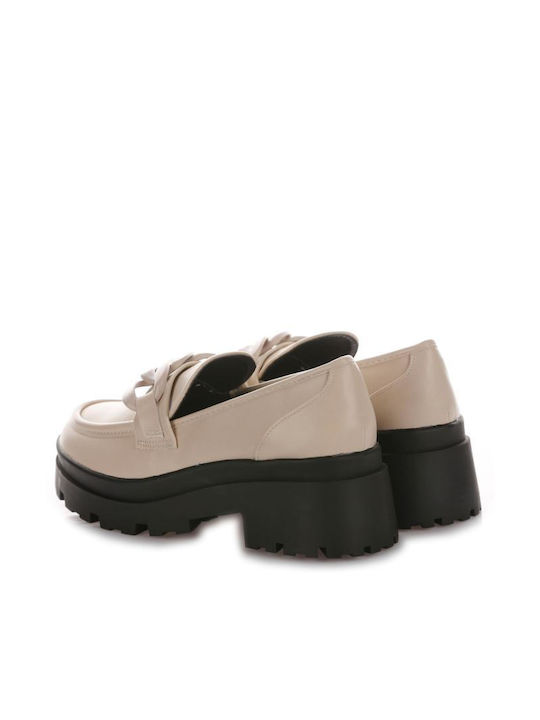 Leather Women's Loafers in Beige Color