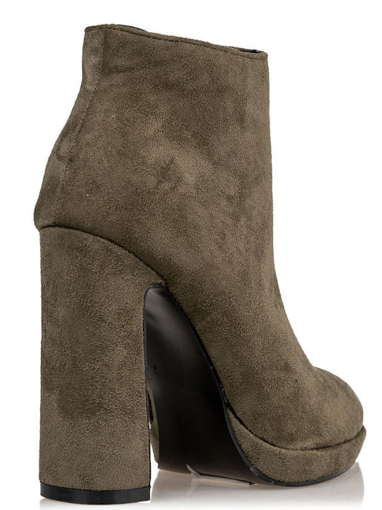 Suede Women's Ankle Boots with High Heel Khaki