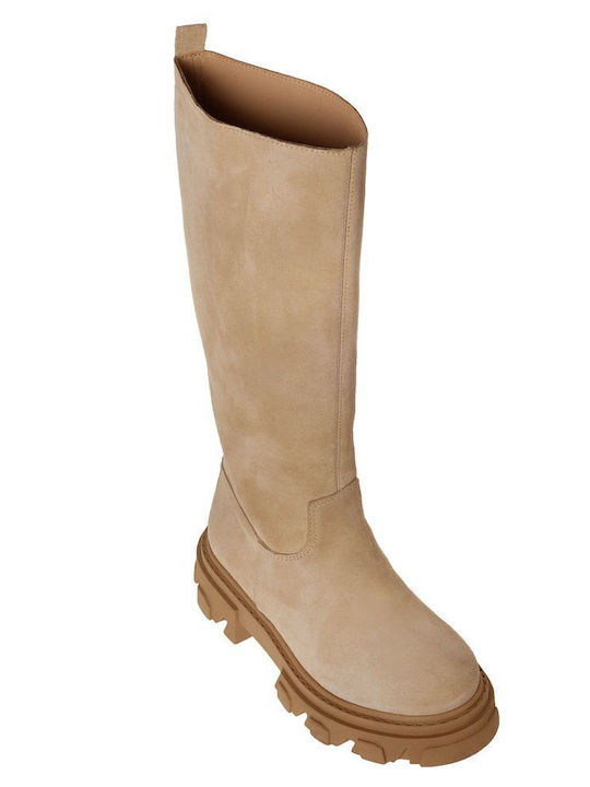 Suede Women's Boots with Zipper Beige