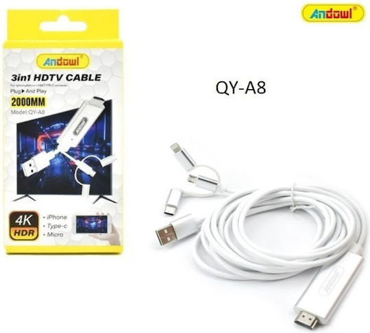 Andowl Cable HDMI male - micro USB Male / Lightning male / USB-A male / USB-C male 2m Λευκό