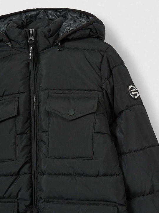 Kinder Steppjacke Lang mit Kapuze Schwarz