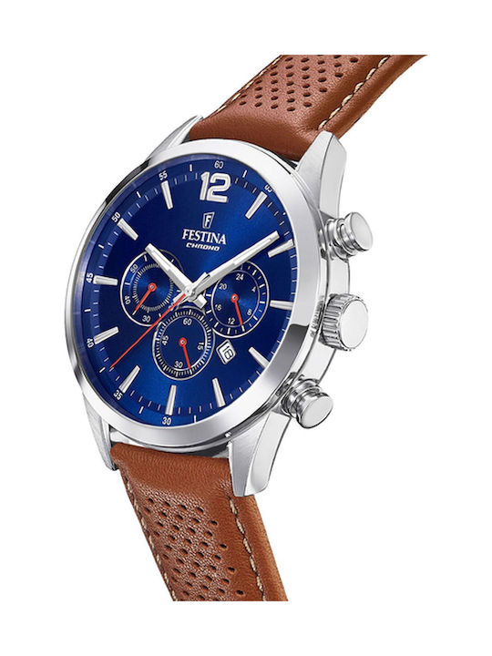 Festina Ανδρικό Ρολόι 43.5mm Χρονογράφος Μπαταρίας με Καφέ Δερμάτινο Λουράκι