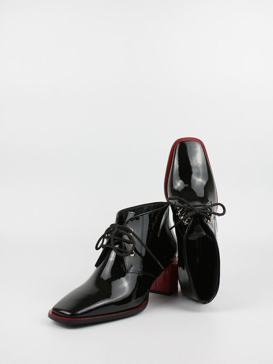 Women's Patent Leather Oxford Boots with Medium Heel Black