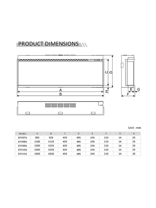 Richen 3D Insert 133 Montat pe perete Șemineu electric 2000W 140x29cm Negru