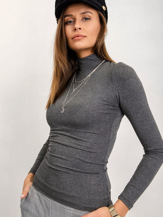 Rue Paris Damen Bluse Baumwolle Langärmelig Rollkragenpullover Dark Grey