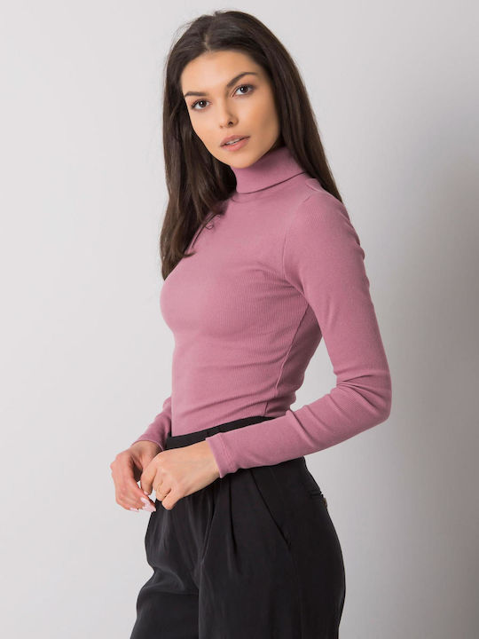 Rue Paris Damen Bluse Baumwolle Langärmelig Rollkragenpullover Dark Pink