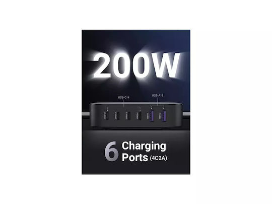 Ugreen Charging Station GaN with 2 USB-A Ports and 4 USB-C Ports 200W Power Delivery / Quick Charge 2.0 in Black (Nexode GaN CD271)