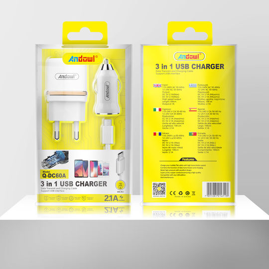 Andowl Auto- und Steckdosen-Set mit USB-A Anschluss und Kabel Micro-USB Weißs (Q-DC60A)