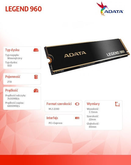 Adata Legend SSD 2TB τύπου M.2 με σύνδεση PCI Express 4.0 και Ψύκτρα (PS5 Compatible) ALEG-960-2TCS