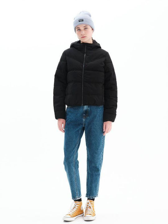 Women's Short Puffer Jacket for Winter with Hood Black