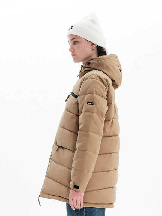 Women's Long Puffer Jacket for Winter with Hood Beige