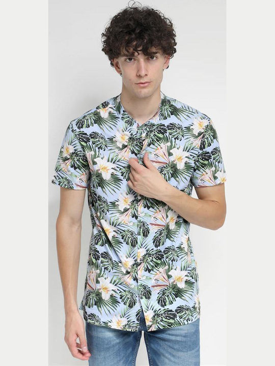 Short-sleeved Cotton Shirt Floral Lilac Sky