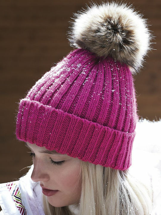 Beechfield B412 Pom Pom Beanie Frauen Beanie mit Rippstrick in Fuchsie Farbe